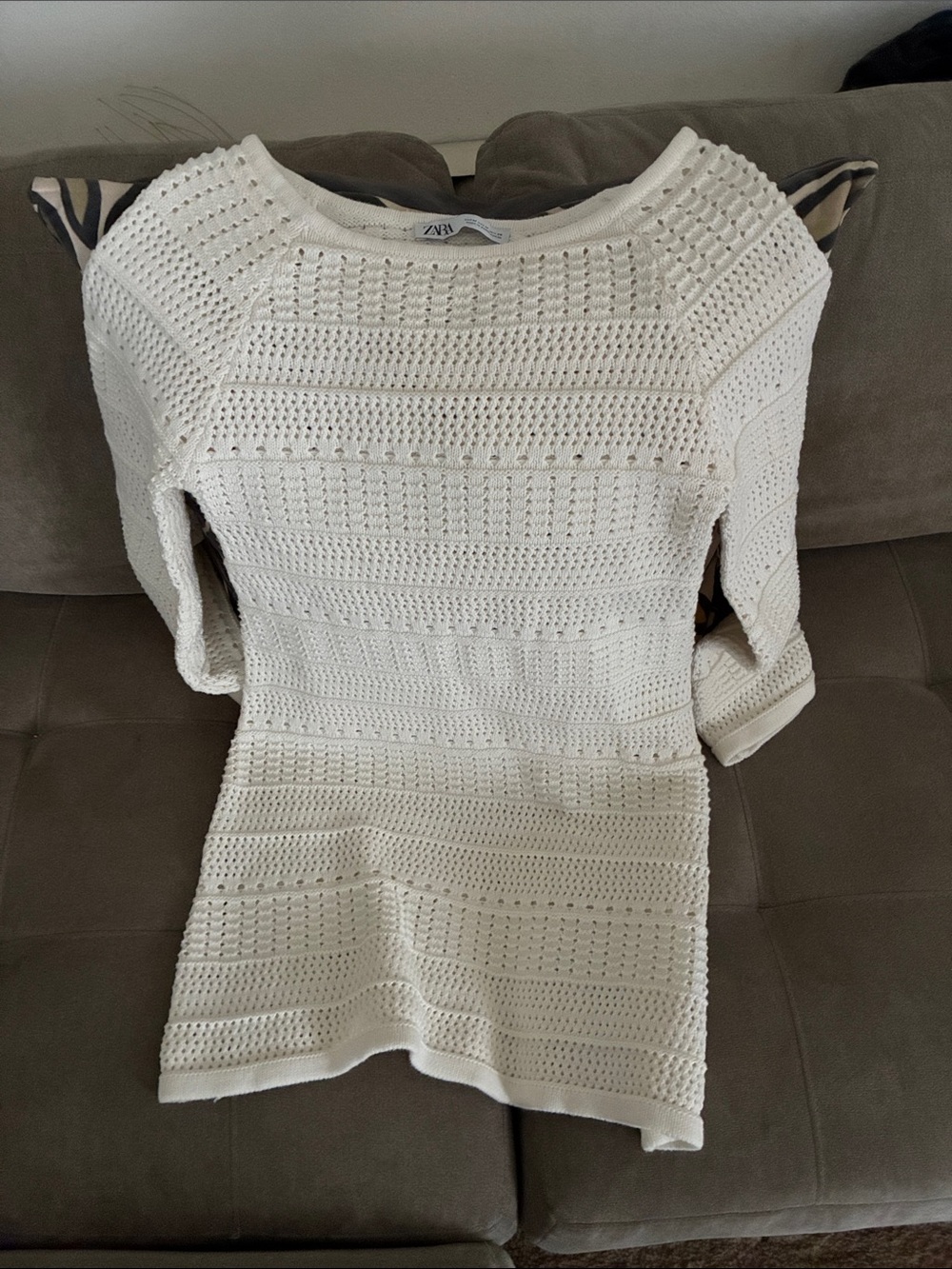 Zara Cream Open-Knit Crewneck Sweater